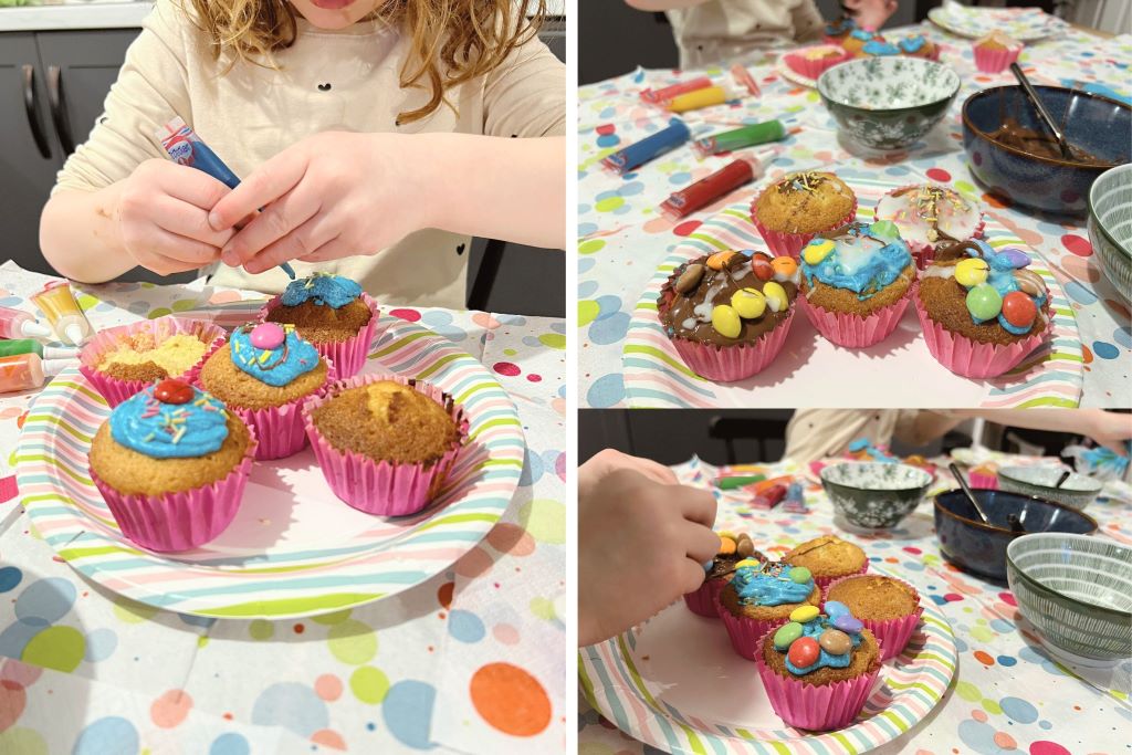 Children decorating cupcakes at birthday party DIY dessert station with sprinkles and frosting