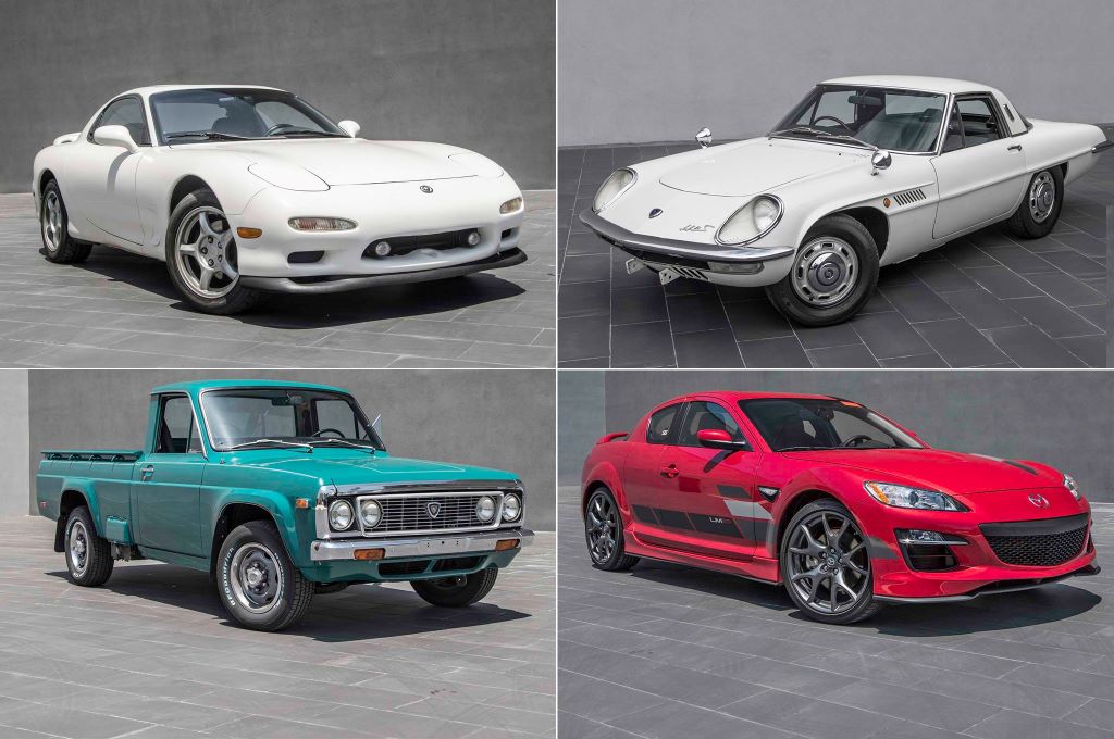 Vintage and modern Mazda cars side by side, highlighting the evolution and impact of the rotary engine on the brand