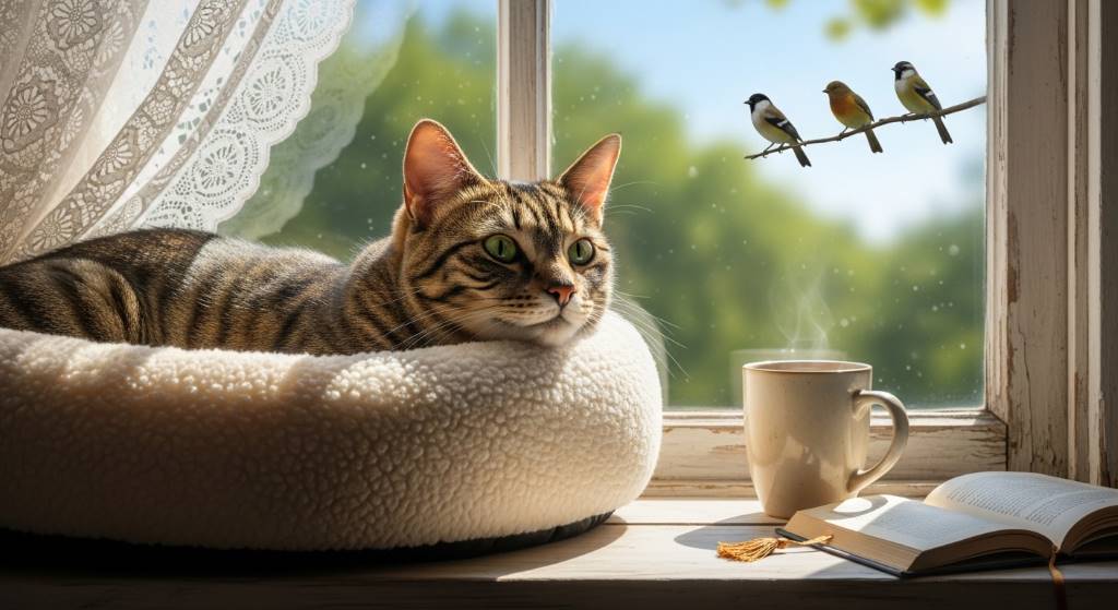 Cozy cat nest on a windowsill with a serene tabby peeking out at birds outside.
