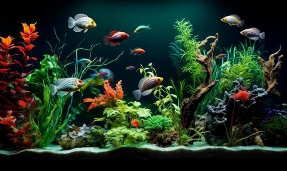 Small desktop aquarium with colorful peaceful fish swimming among green plants