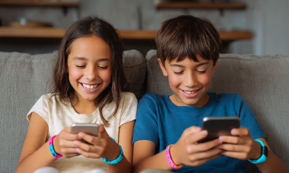 1. Two siblings wearing matching vibrating bracelets on their wrists while smiling and looking at their connected devices