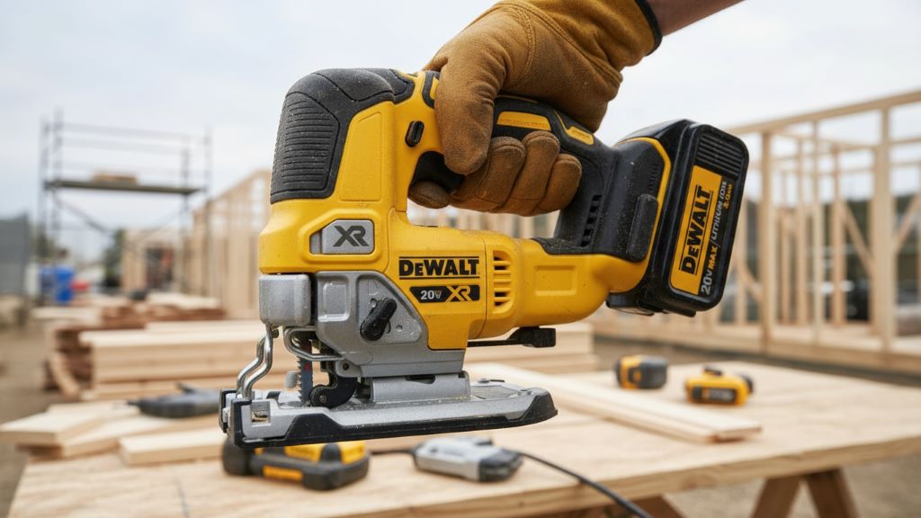 Ergonomic handle of DEWALT 20V MAX Jig Saw held by a woodworker on a job site.