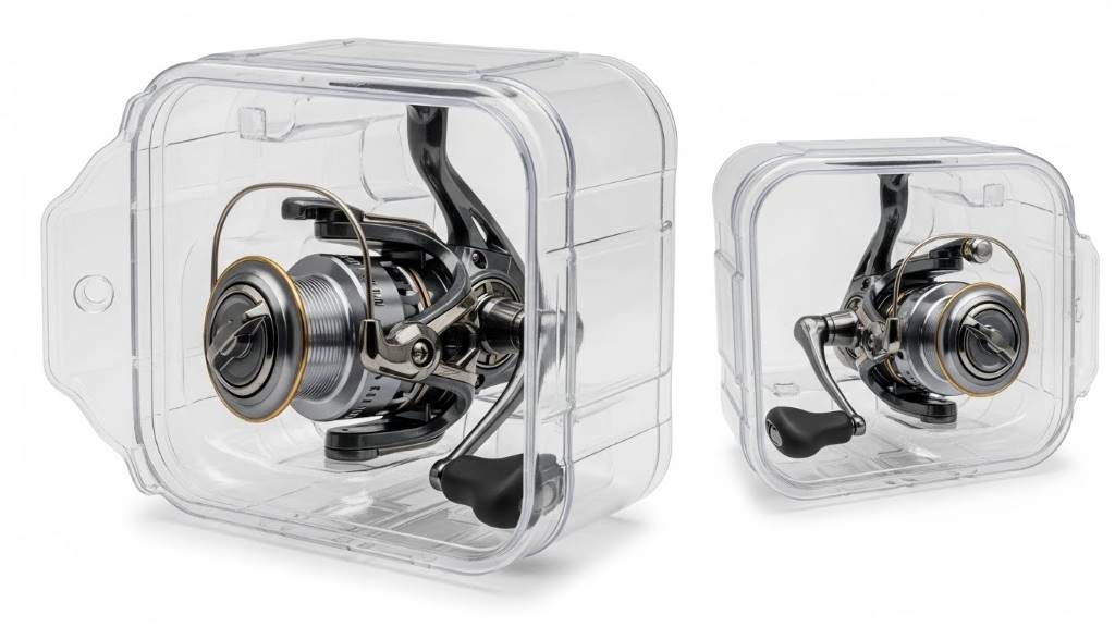 Transparent clam shell packaging displaying a spinning reel from multiple angles