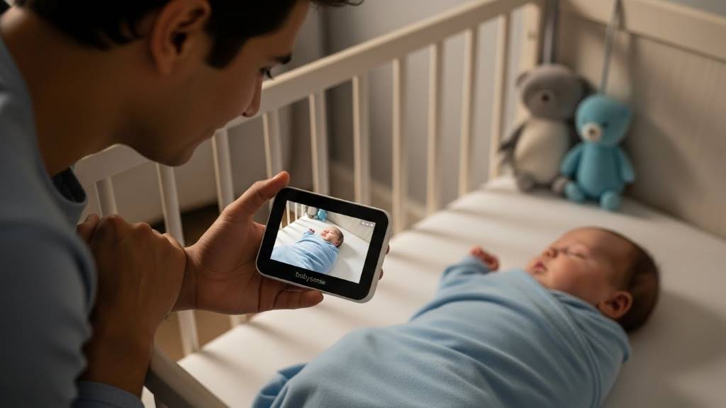 Parent holding Babysense baby monitor while checking on sleeping baby in crib