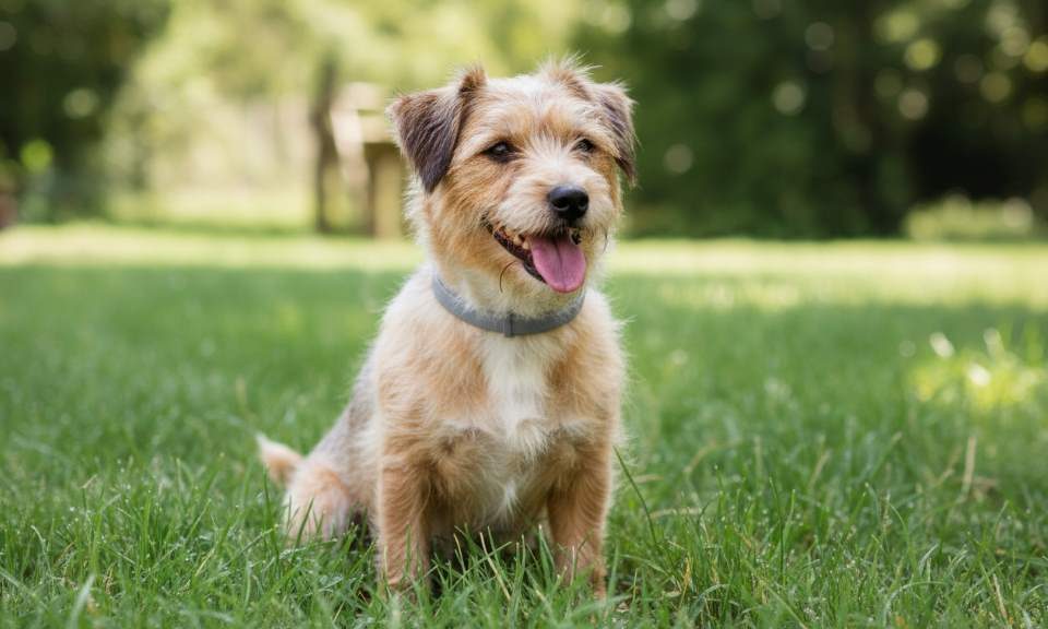 Small dog wearing a flea and tick collar outdoors in grass
