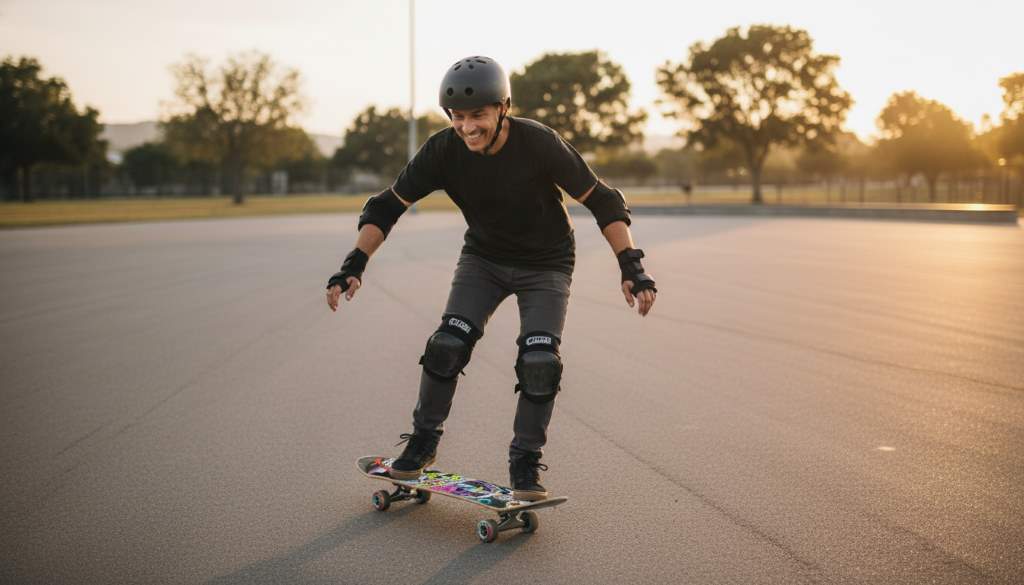 Smiling adult skater wearing full protective gear pushing on a smooth path