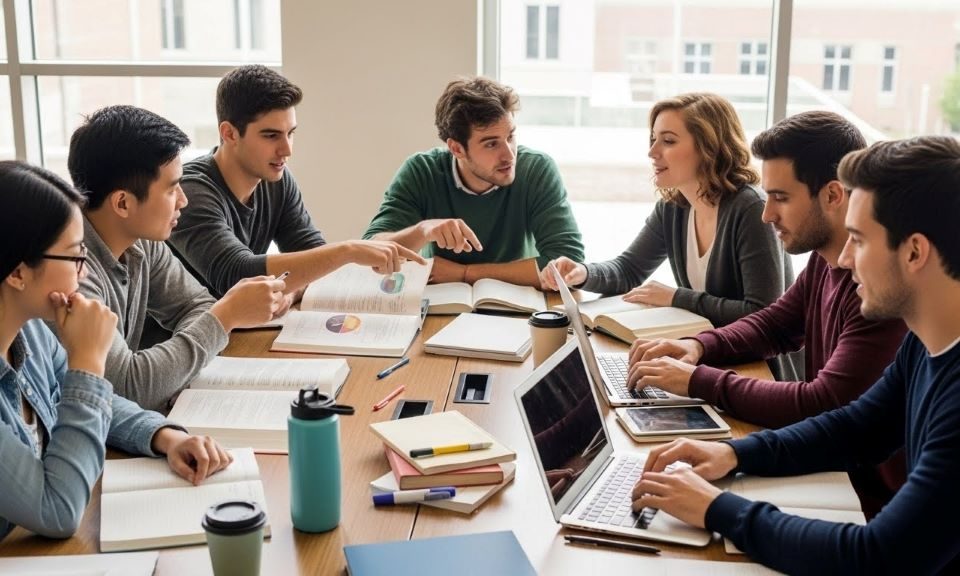 Diverse group of college students collaborating around a table with open textbooks and laptops