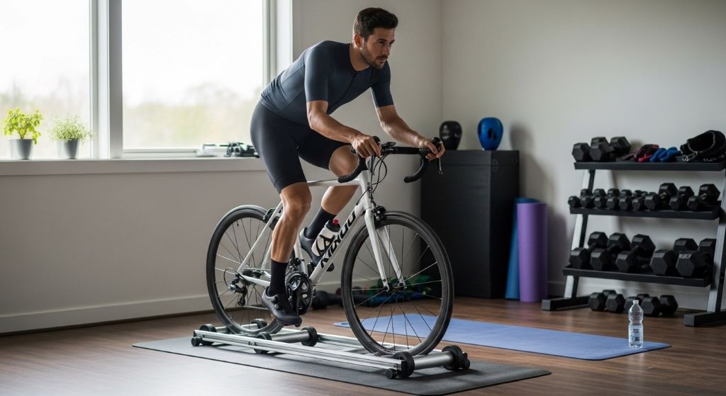 Cyclist training on durable aluminum rollers in home gym showing proper form and balance technique
