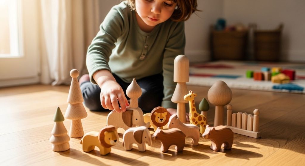 Child playing with handcrafted wooden toy animals and trees made from sustainable materials for safe and long-lasting playtime