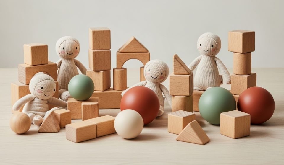 Collection of wooden building blocks, natural rubber balls, and organic cotton dolls arranged as examples of durable plastic-free children's toys