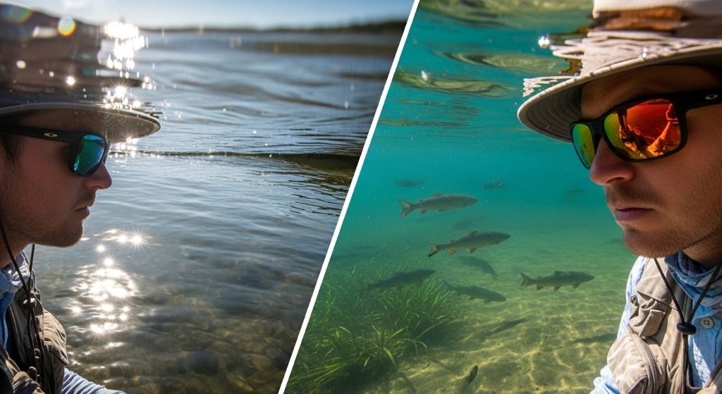 Angler wearing polarized sunglasses looking into clear water demonstrating how proper lens color improves fish spotting and reduces glare