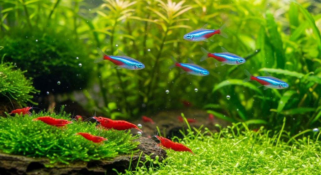 Close-up view of red cherry shrimp and neon tetra fish coexisting peacefully in a planted community aquarium tank