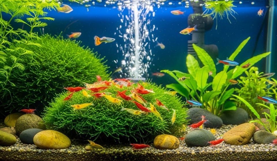 Freshwater aquarium with colorful cherry shrimp foraging among plants alongside small peaceful fish swimming in clear water