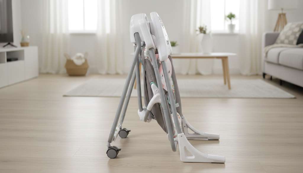 Portable folded frame of InLighten baby swing with wheels for easy home mobility