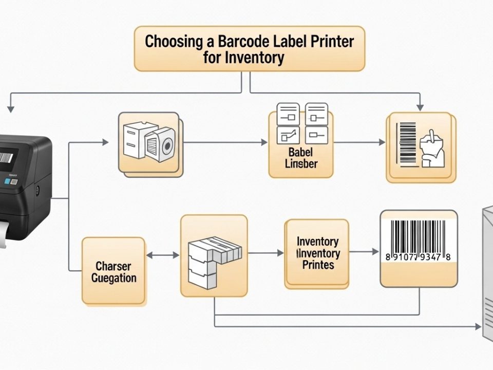 Barcode label printer printing inventory labels in warehouse