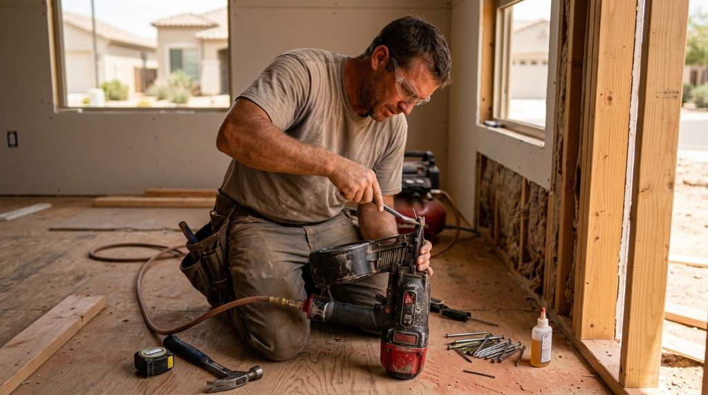 Air compressor connected to nail gun in residential construction site