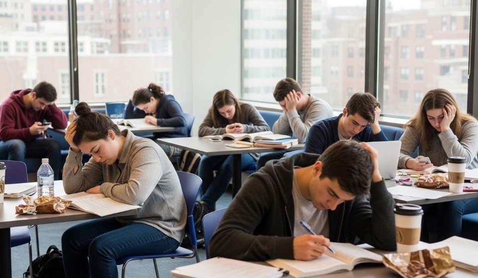 Boston college student studying after final exams