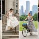 Chicago woman adjusting long dress with fashion tape