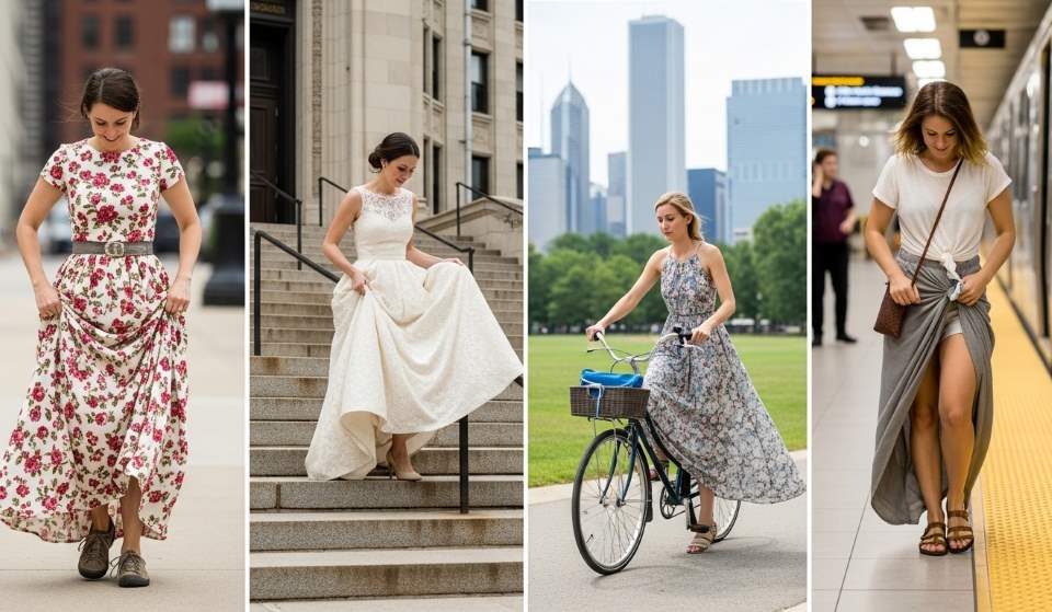 Chicago woman adjusting long dress with fashion tape
