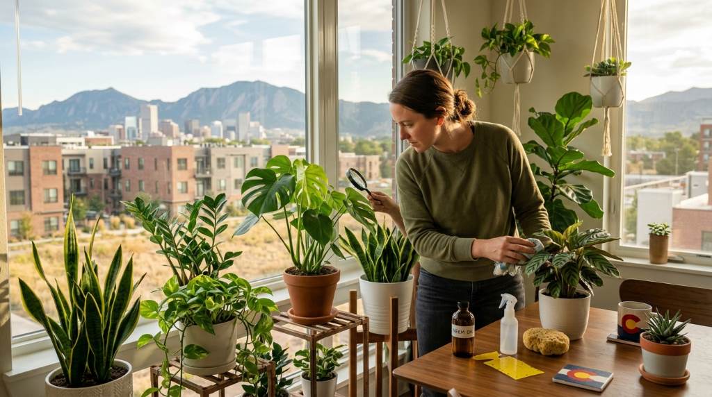 Denver apartment owner inspecting houseplant leaves for spider mites and indoor pests