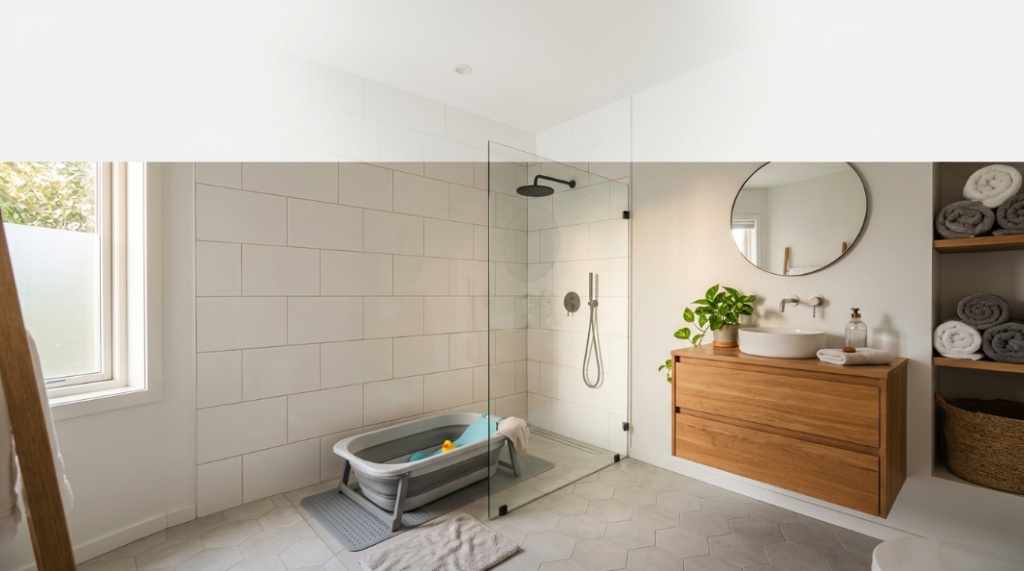 Foldable compact baby bathtub stored vertically inside small bathroom