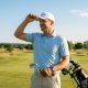 Golfer wearing a white performance cap on a sunny golf course shielding eyes from the sun