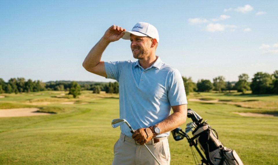 Golfer wearing a white performance cap on a sunny golf course shielding eyes from the sun
