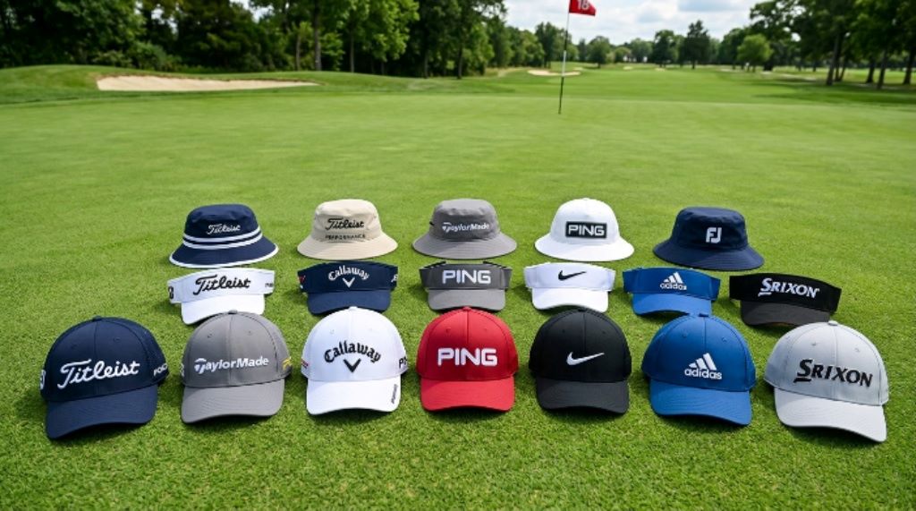 Selection of golf hats including caps, visors, and bucket hats laid out on a green background