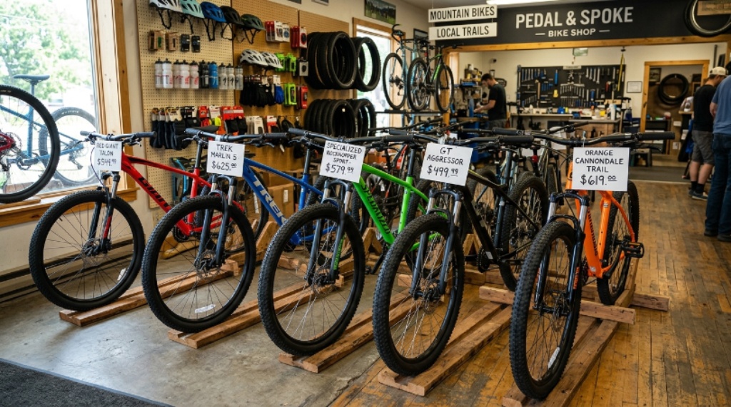 Selection of affordable mountain bikes displayed in a local bike shop with price tags visible