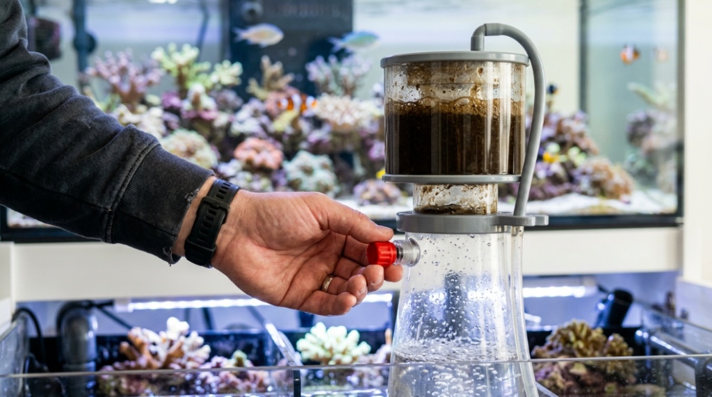 A cone protein skimmer producing microbubbles inside a saltwater aquarium sump tank.