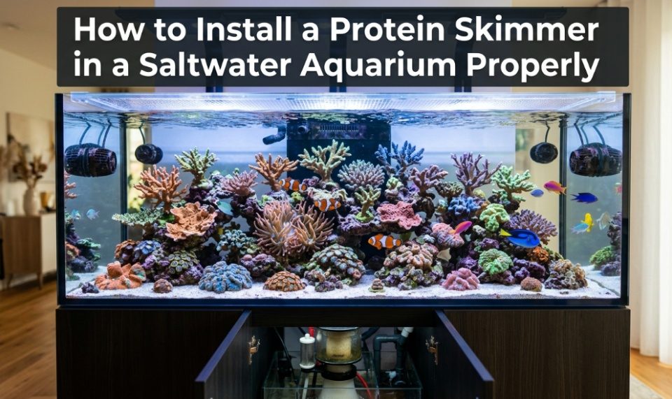 Saltwater reef aquarium with text overlay reading how to install a protein skimmer properly.