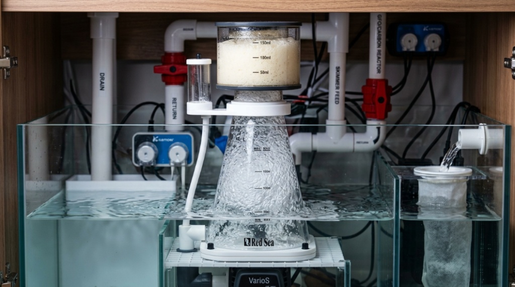 Hand adjusting the valve on a protein skimmer collection cup filled with dark skimmate.