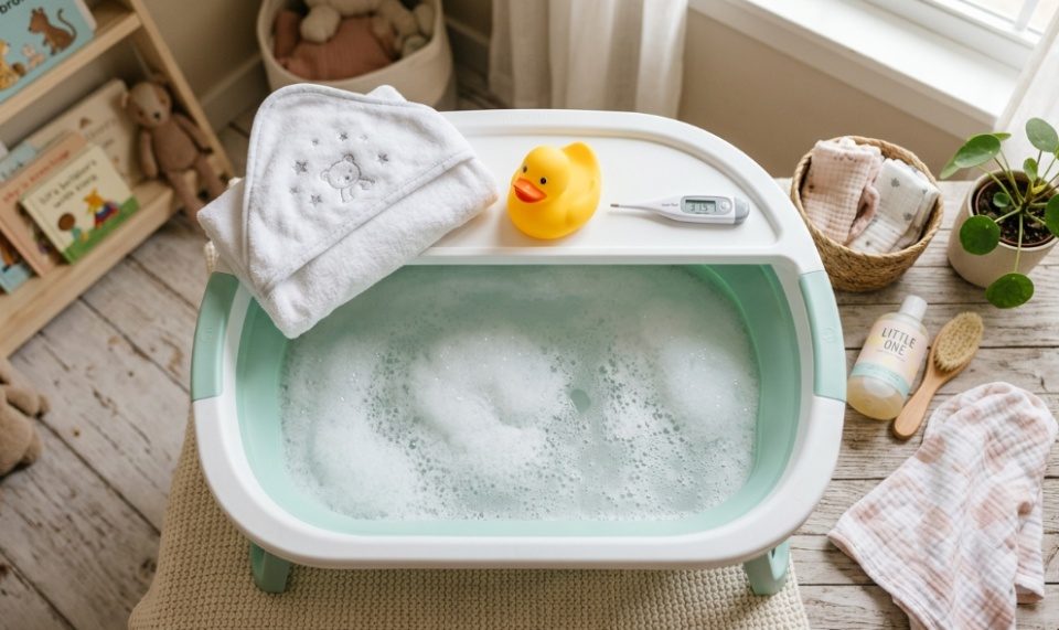 Foldable compact baby bathtub stored vertically inside small bathroom
