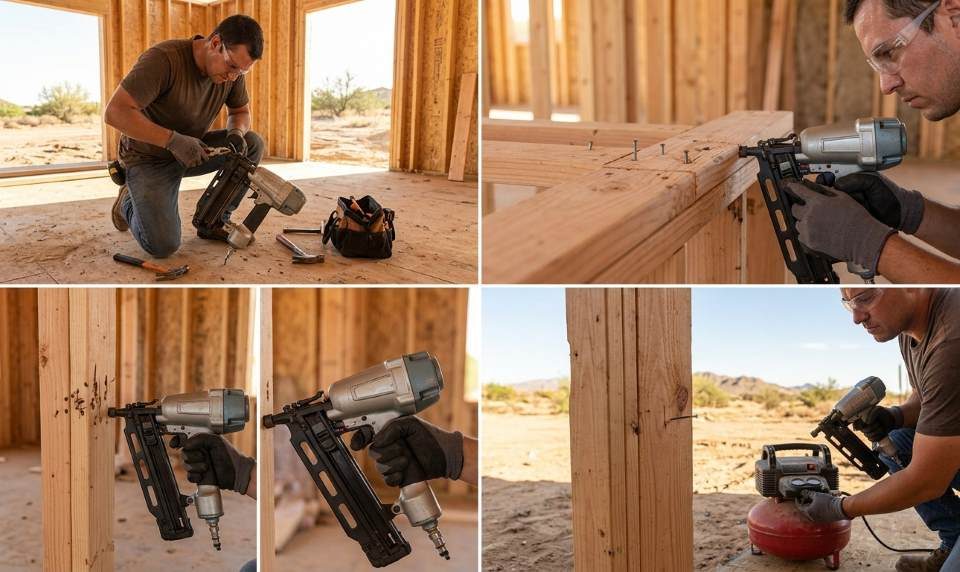Technician repairing a pneumatic nail gun in a Phoenix home workshop