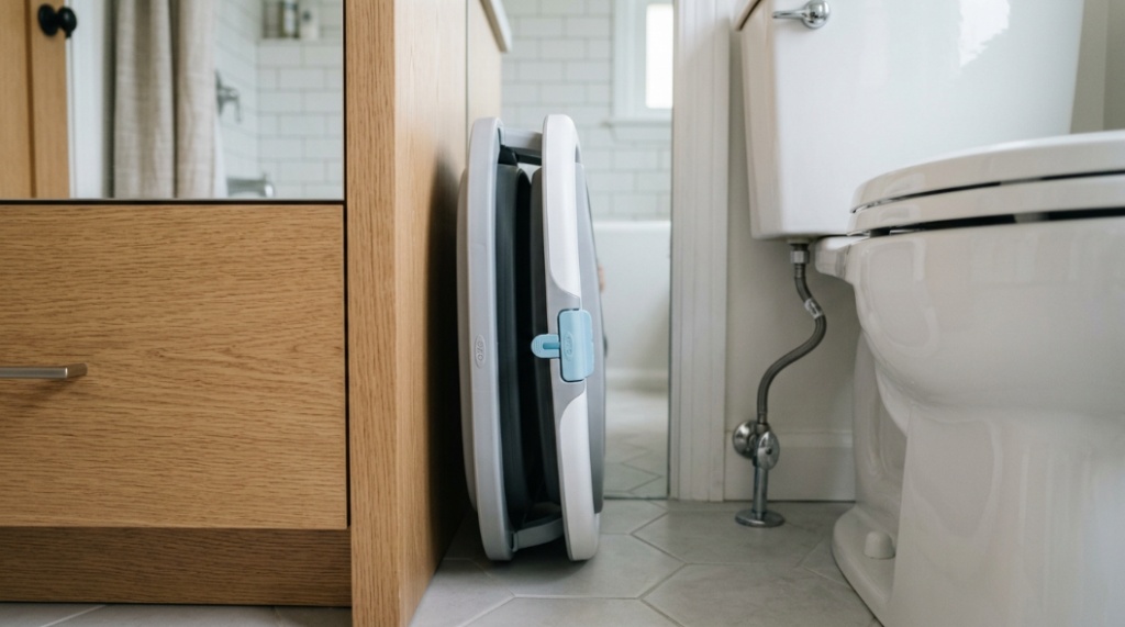 Tiny bathroom baby setup with easy storage tub and wall organizers
