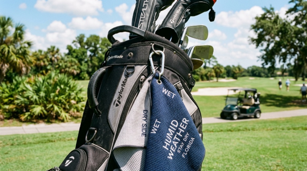 Close-up of a dual-sided humid weather golf towel clipped to a golf bag on a Florida golf course