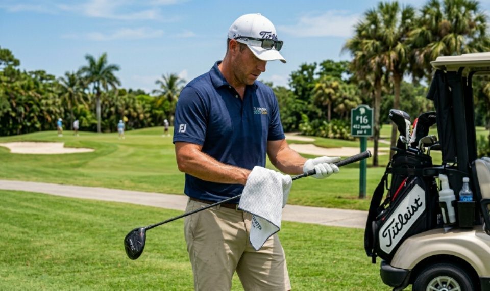 Florida golfer drying club grips with a microfiber golf towel on a sunny, humid course in 2026