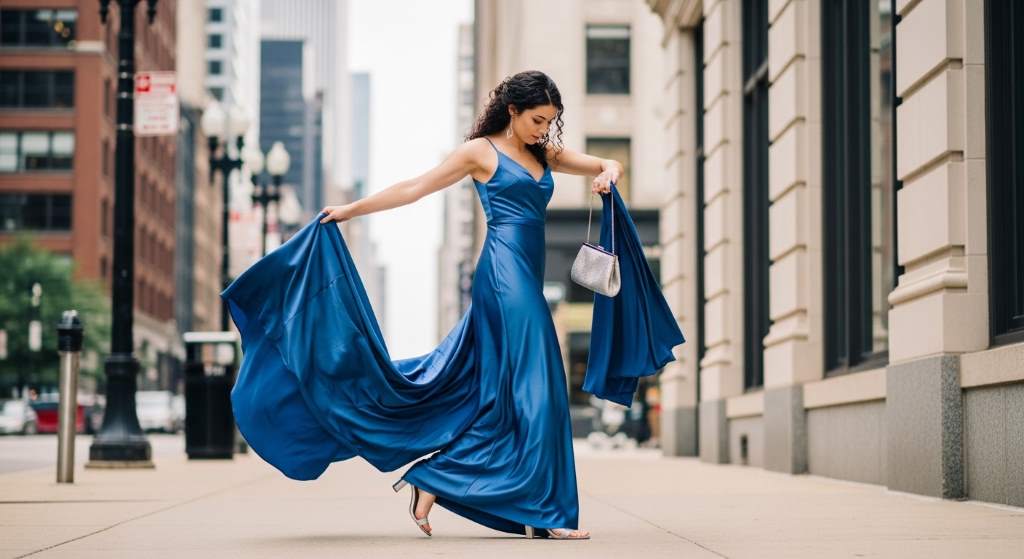 Woman wearing long dress with hidden elastic styling method