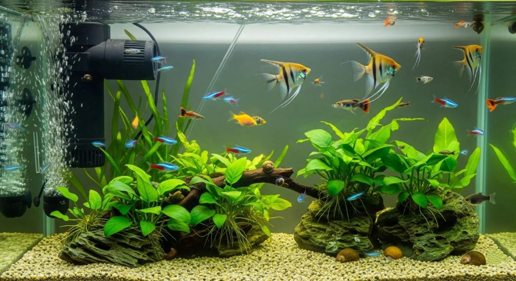 Small and large aquarium water pumps beside freshwater tanks