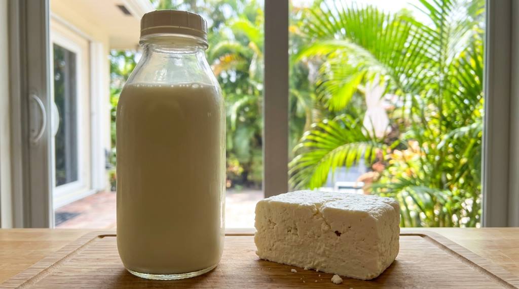 Natural dairy foods and processed dairy alternatives on a kitchen counter