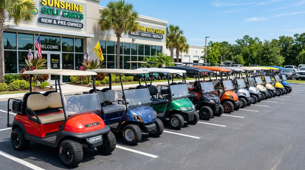 A row of colorful refurbished golf carts lined up at a dealership.