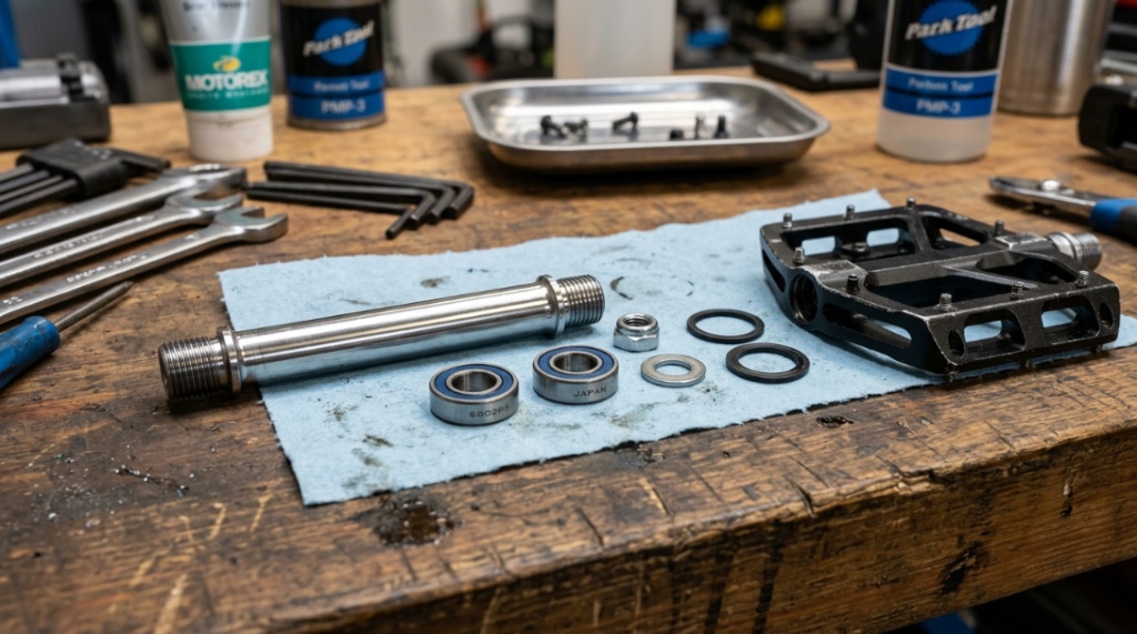 Disassembled bicycle pedal parts showing the steel spindle and premium sealed bearings.