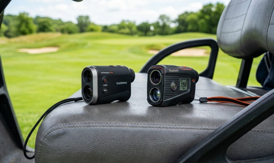 Budget and premium golf rangefinders sitting side by side on a golf cart.