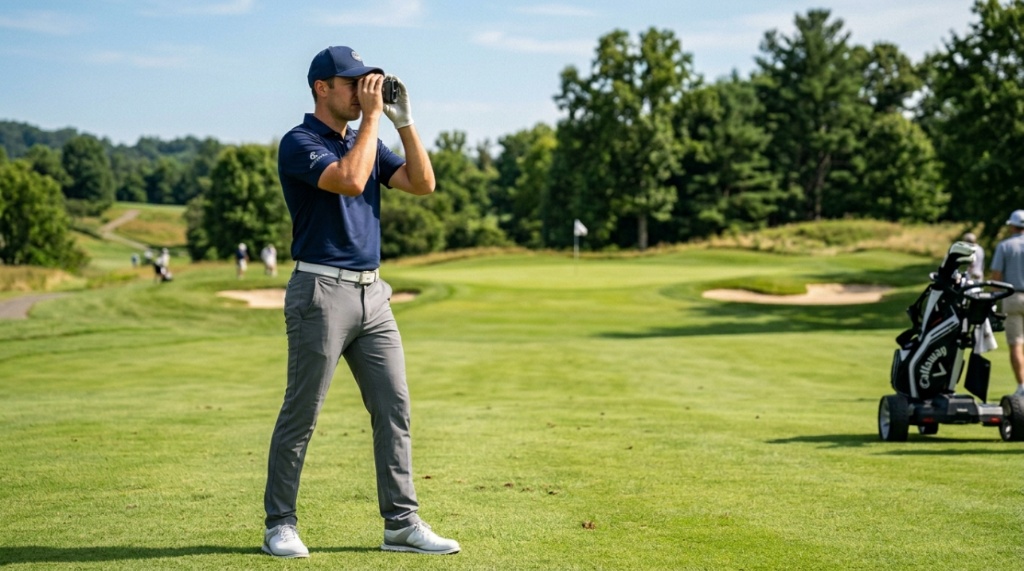 Male golfer using a compact rangefinder on a sunny golf course fairway.