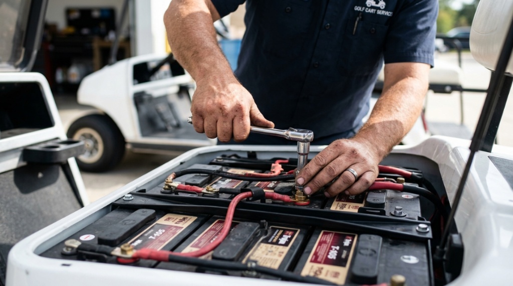 A mechanic inspecting the battery and motor components of a golf cart.