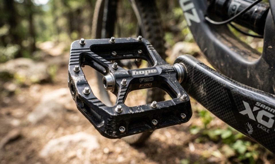 A sleek black titanium mountain bike pedal mounted on a carbon crank arm.