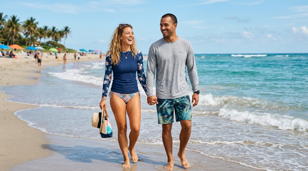 Surfer wearing protective UPF swim shirt paddling in bright blue ocean water.