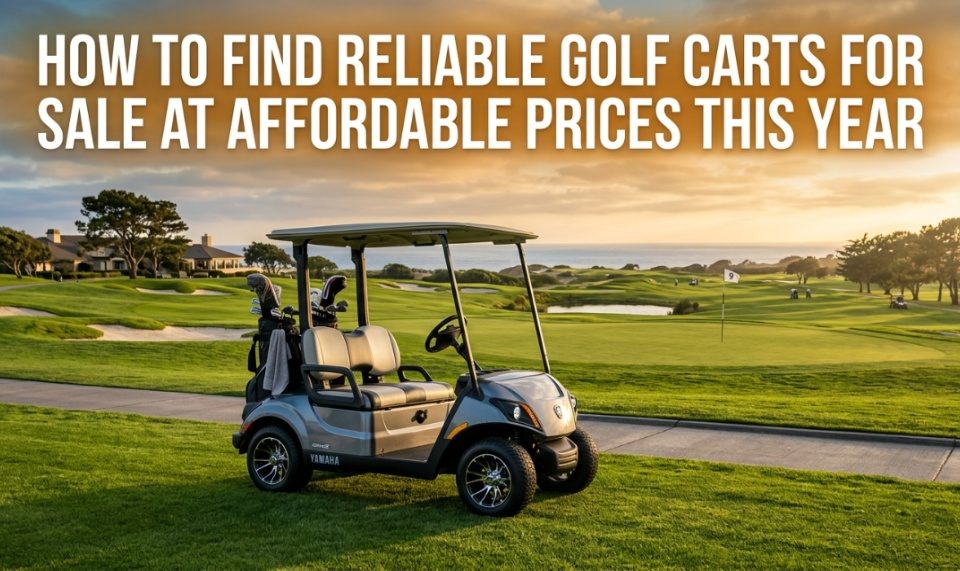 A modern electric golf cart parked on a sunny green golf course.