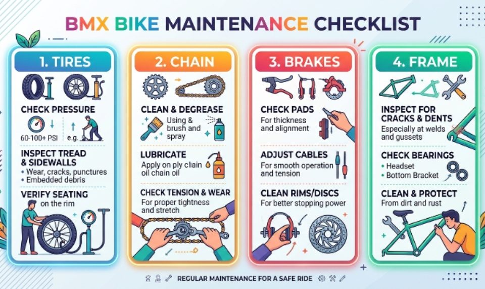 BMX bike maintenance checklist for tires, chain, brakes, and frame