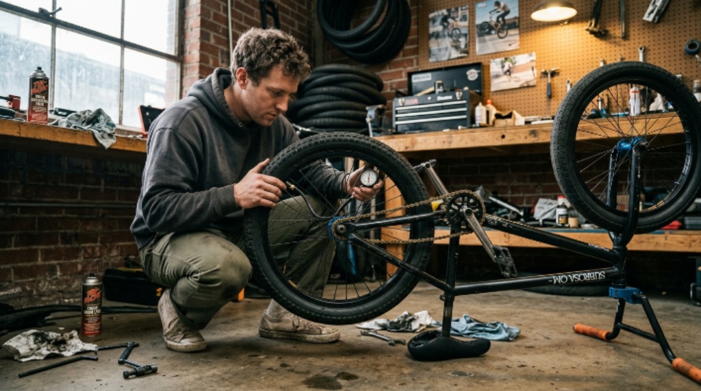 Rider checking BMX bike tires and chain during maintenance